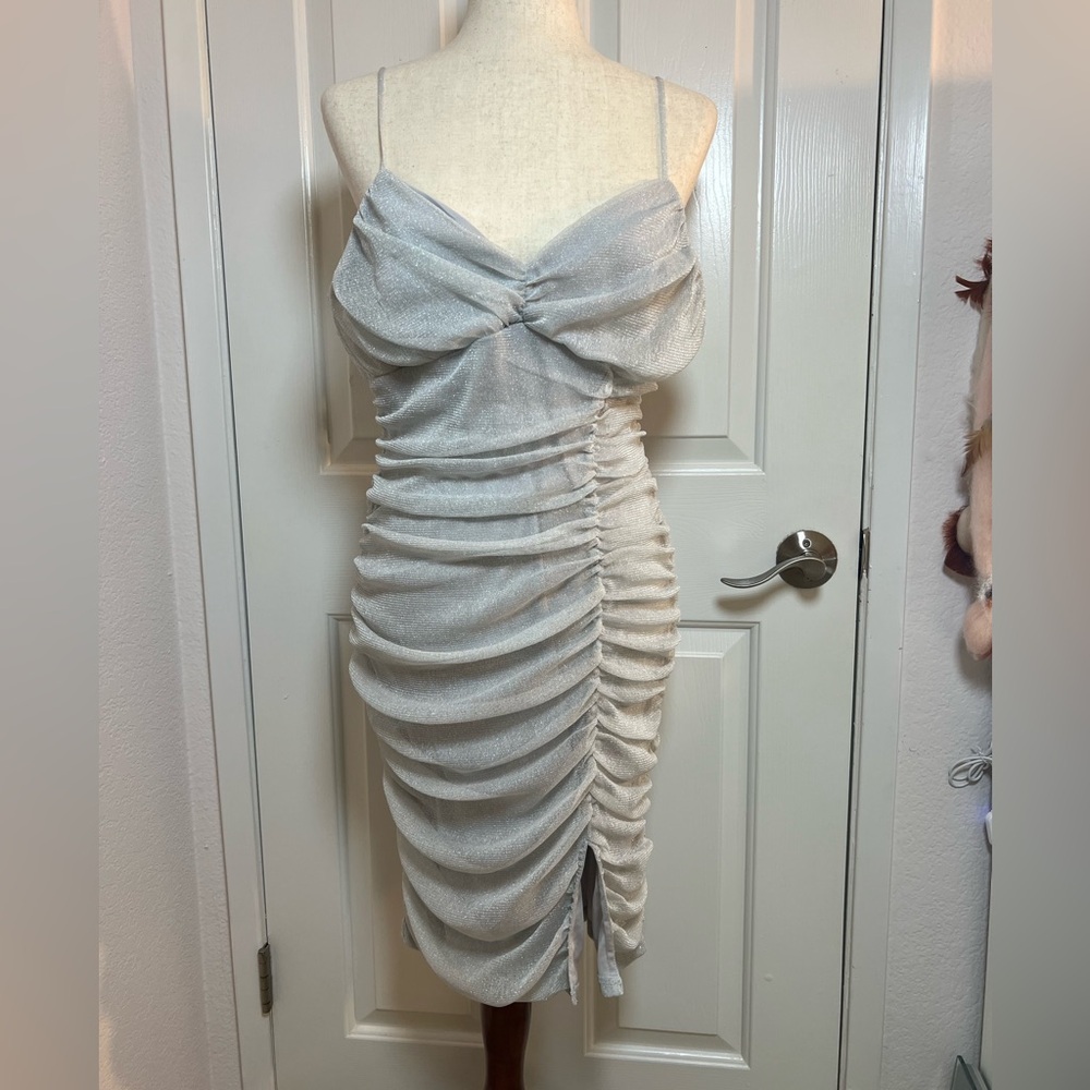 Lulu's Shimmering Silver‎ Ruched Mini Dress
